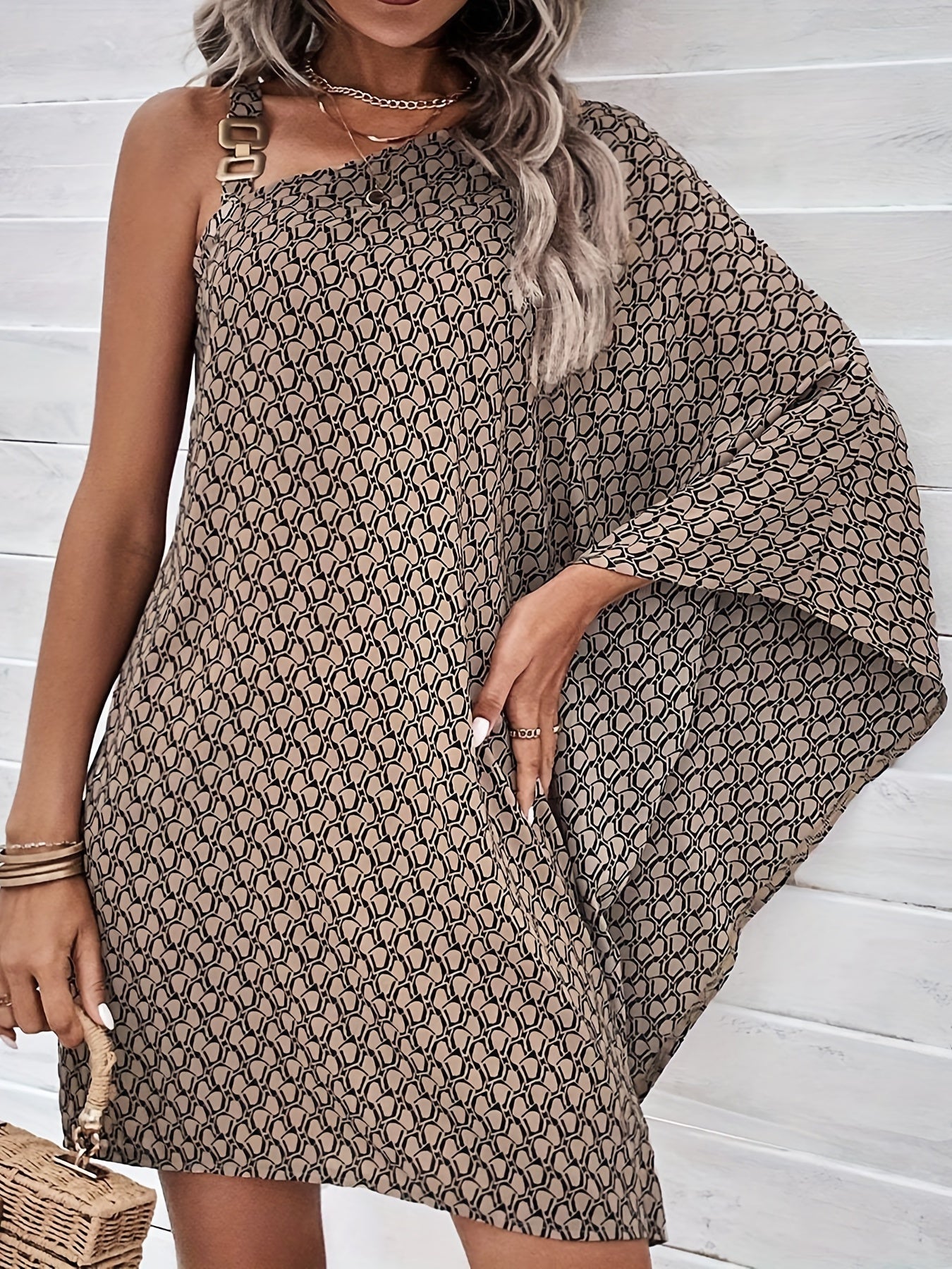 Allover Print Asymmetrical Dress, Casual Batwing Sleeve Chain Dress, Women's Clothing